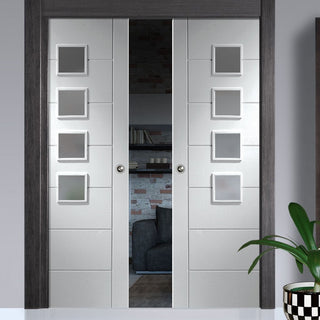 Image: Bespoke Palermo White Primed Glazed Double Pocket Door