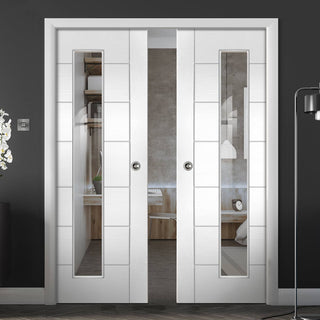 Image: Bespoke Palermo 1L White Primed Glazed Double Pocket Door