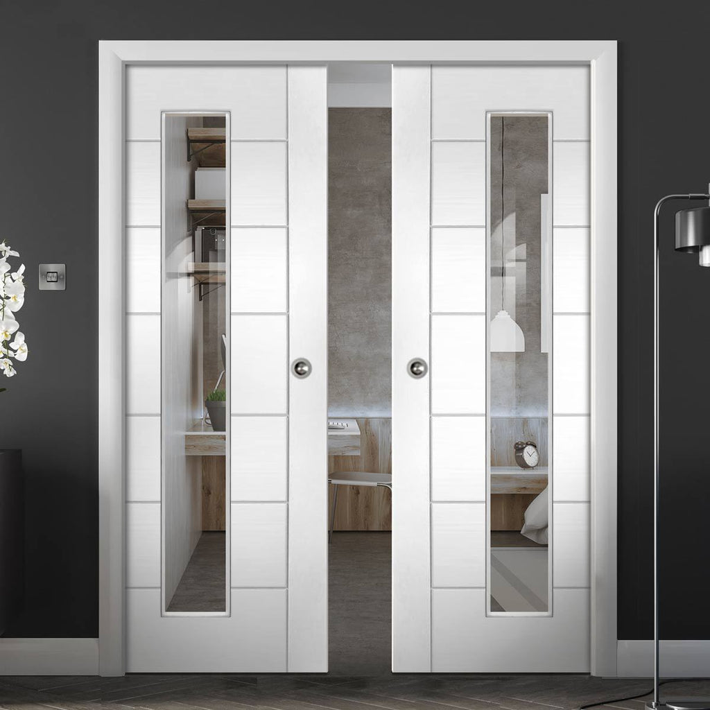 Palermo 1 Pane Flush Double Evokit Pocket Doors - Clear Glass - White Primed