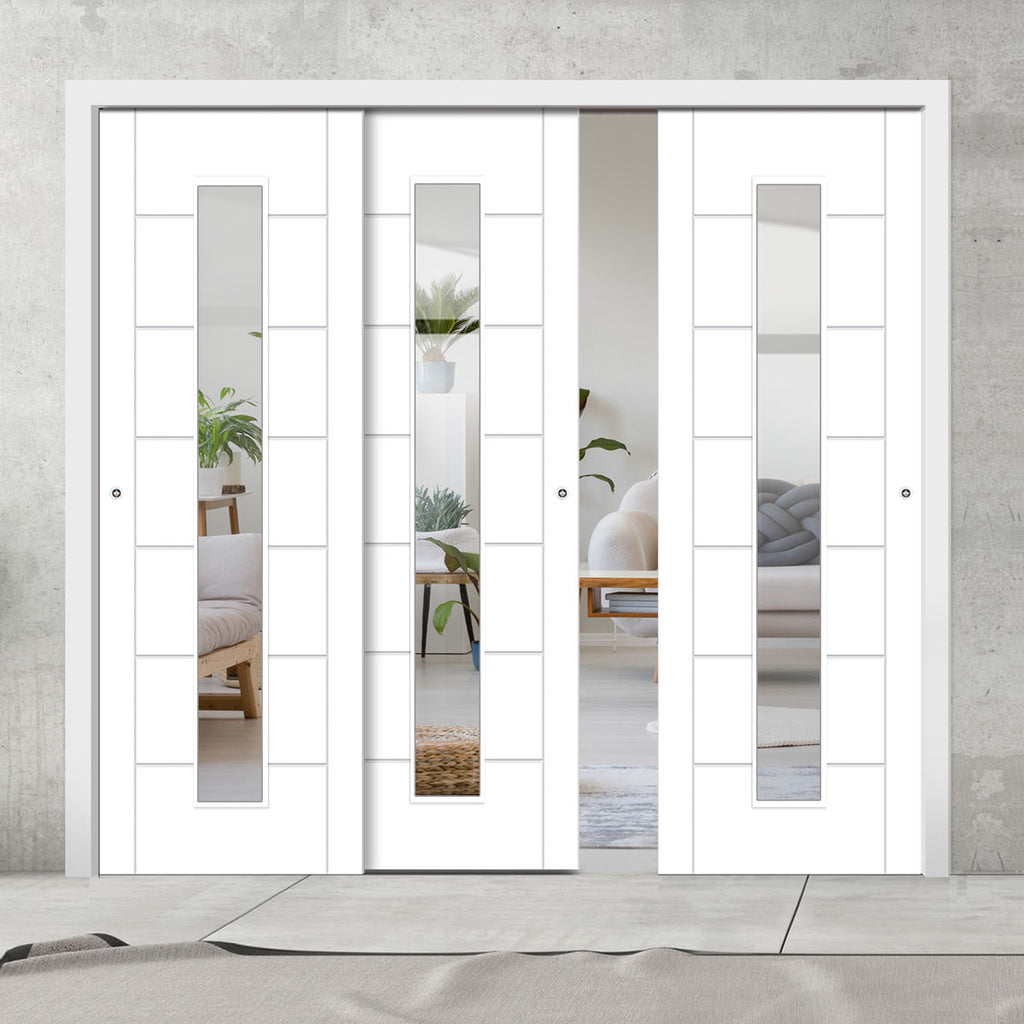 Pass-Easi Three Sliding Doors and Frame Kit - Palermo 1 Pane Flush Door - Clear Glass - White Primed