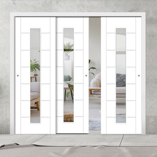 Image: Pass-Easi Three Sliding Doors and Frame Kit - Palermo 1 Pane Flush Door - Clear Glass - White Primed