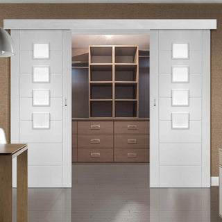 Image: Double Sliding Door & Wall Track - Palermo Doors - Obscure Glass - White Primed