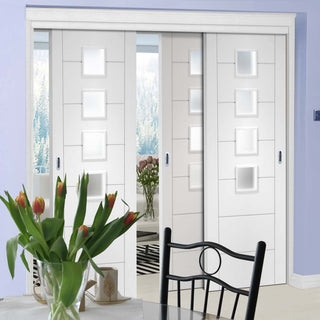 Image: Three Sliding Doors and Frame Kit - Palermo Door - Obscure Glass - White Primed