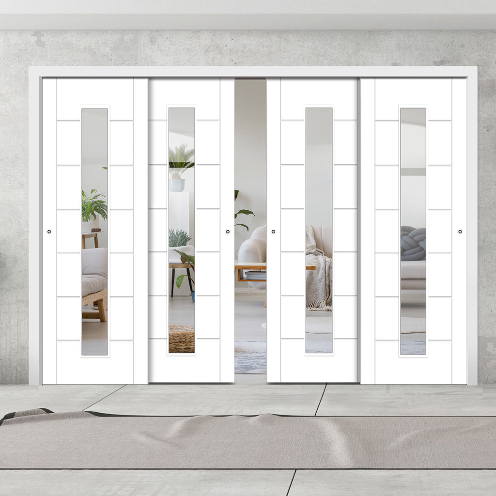 Pass-Easi Four Sliding Doors and Frame Kit - Palermo 1 Pane Flush Door - Clear Glass - White Primed