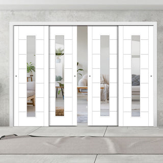 Image: Pass-Easi Four Sliding Doors and Frame Kit - Palermo 1 Pane Flush Door - Clear Glass - White Primed