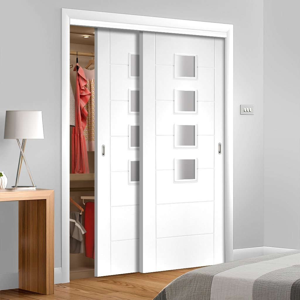 Bespoke Thruslide Palermo Glazed 2 Door Wardrobe and Frame Kit - White Primed - White Primed