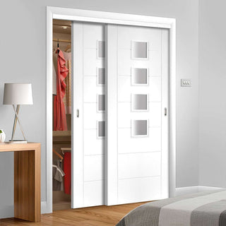 Image: Two Sliding Wardrobe Doors & Frame Kit - Palermo Door - Obscure Glass - White Primed