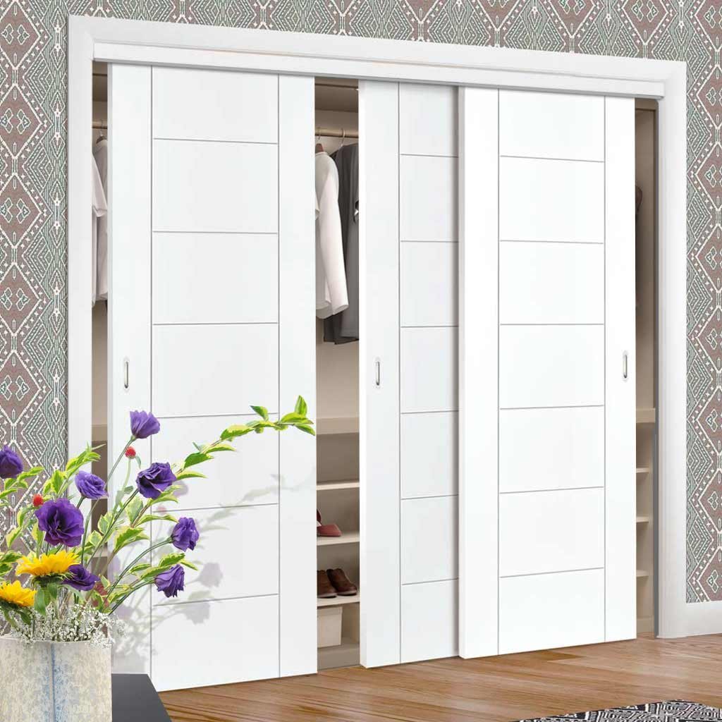 Minimalist Wardrobe Door & Frame Kit - Three Palermo Flush Doors - White Primed 