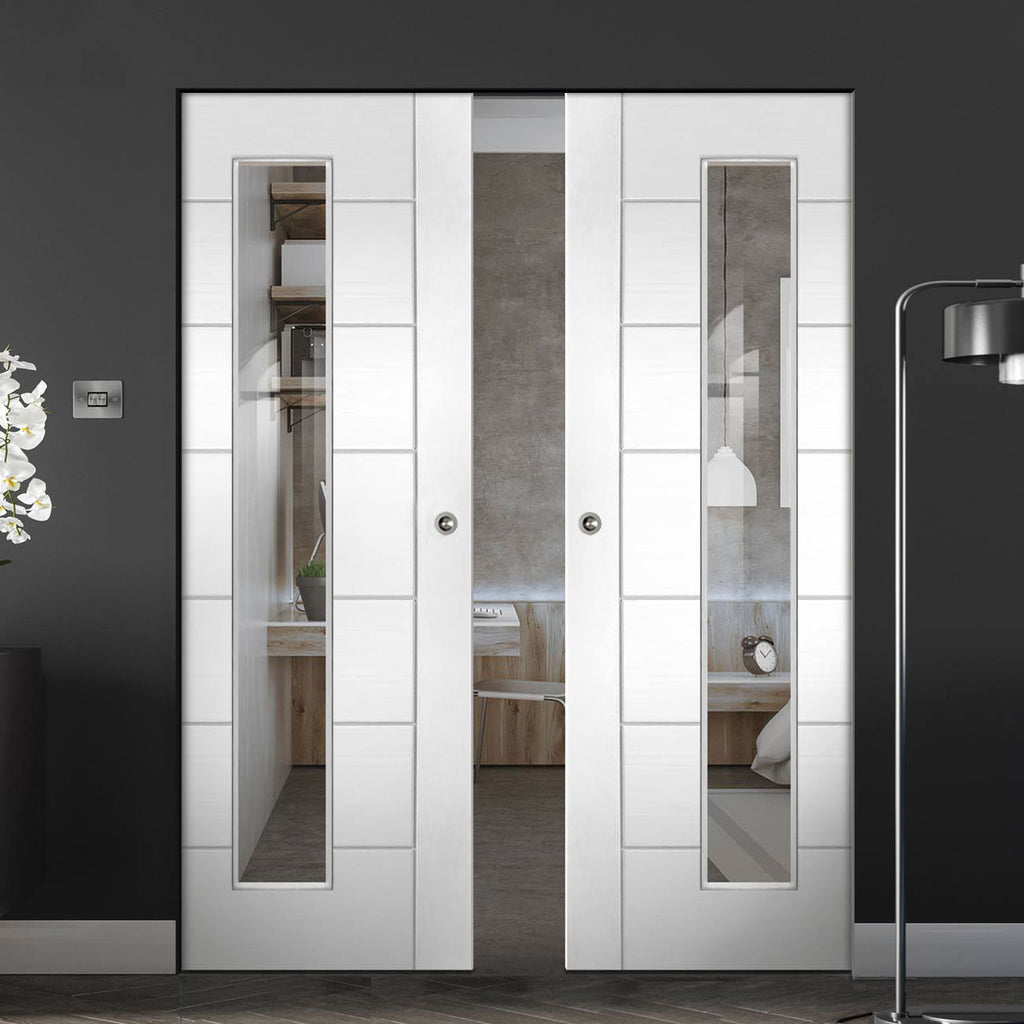 Palermo 1 Pane Flush Absolute Evokit Pocket Double Pocket Door - Clear Glass - White Primed
