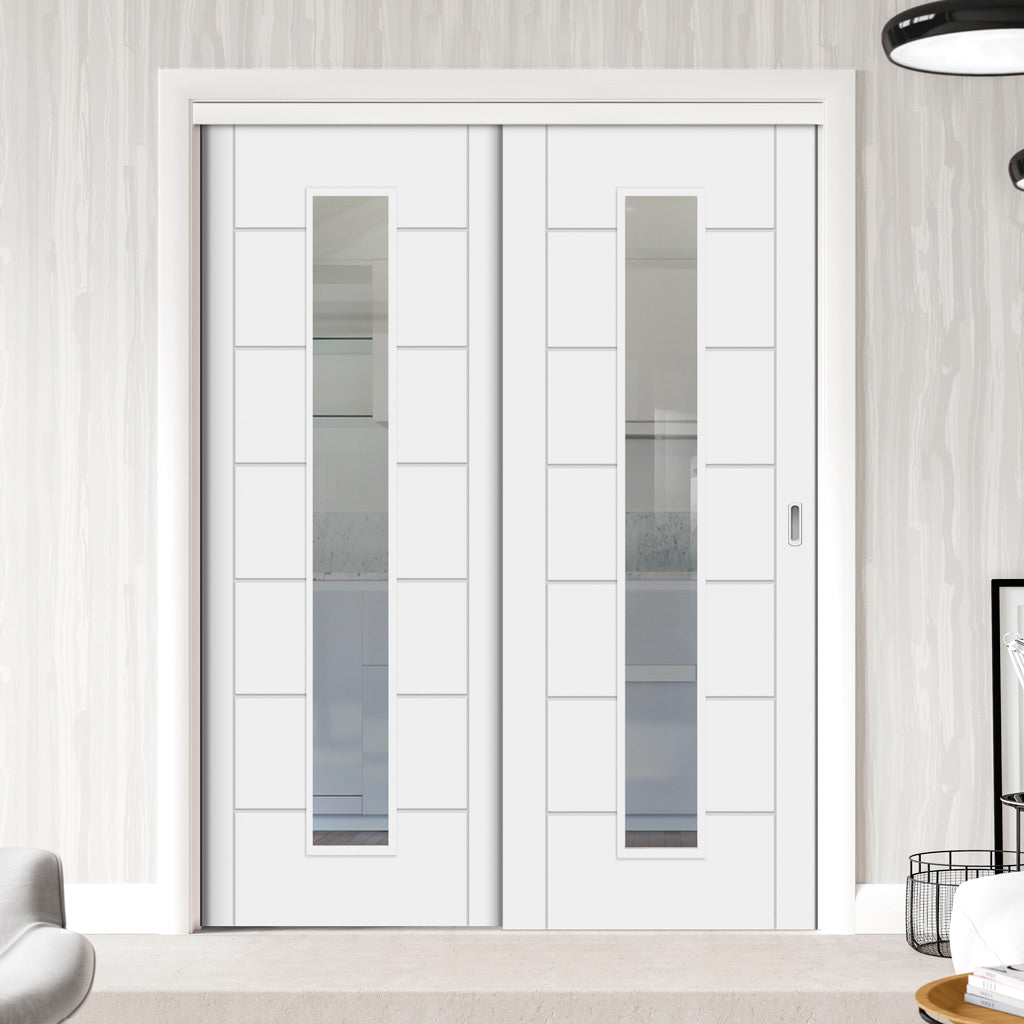 Pass-Easi Two Sliding Doors and Frame Kit - Palermo 1 Pane Flush Door - Clear Glass - White Primed