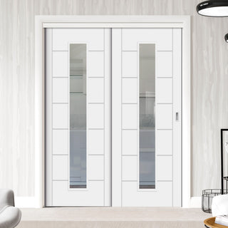 Image: Pass-Easi Two Sliding Doors and Frame Kit - Palermo 1 Pane Flush Door - Clear Glass - White Primed