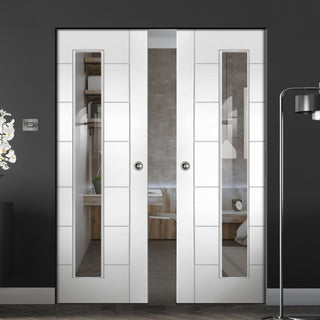 Image: Bespoke Palermo 1L White Primed Glazed Double Frameless Pocket Door