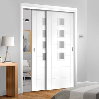 Image: Two Sliding Doors and Frame Kit - Palermo Door - Obscure Glass - White Primed