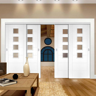 Image: Four Sliding Doors and Frame Kit - Palermo Door - Obscure Glass - White Primed