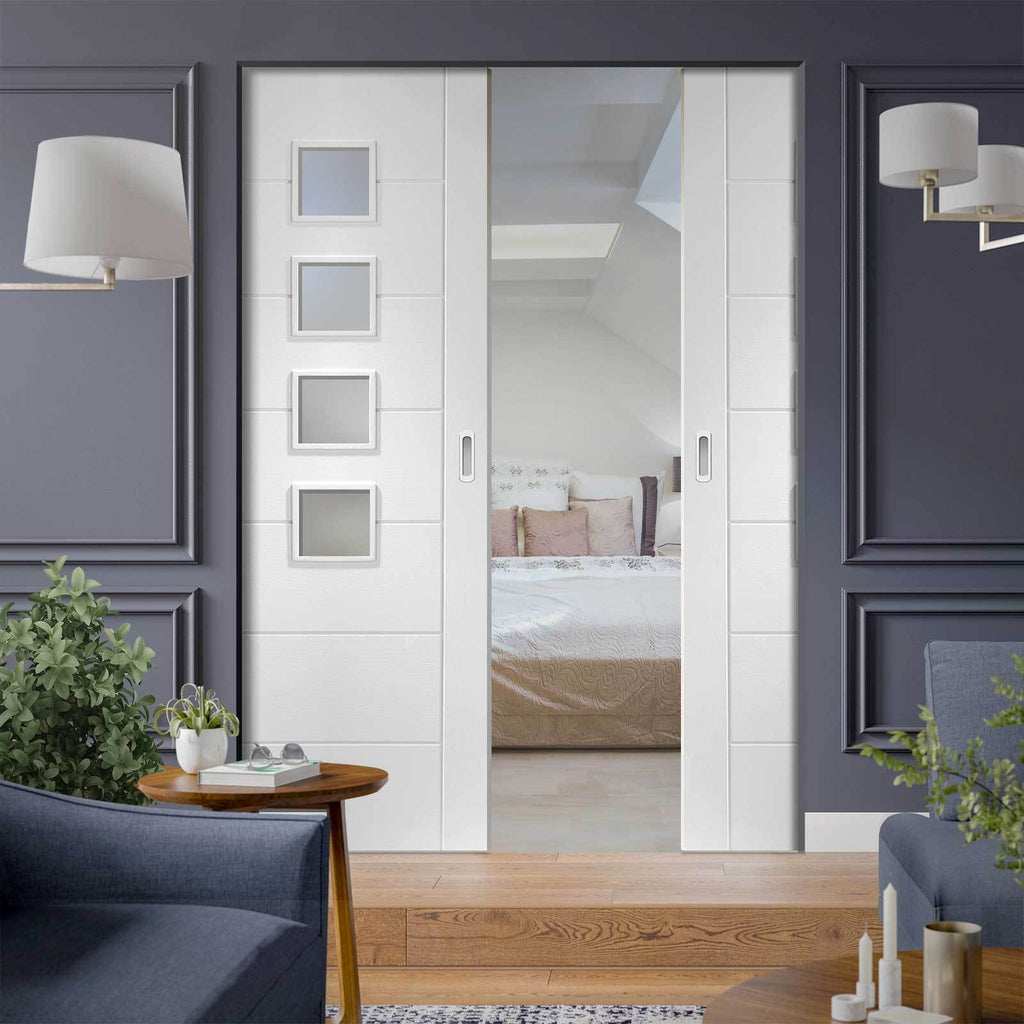 Bespoke Palermo White Primed Glazed Double Frameless Pocket Door