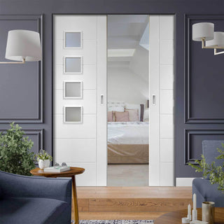 Image: Bespoke Palermo White Primed Glazed Double Frameless Pocket Door