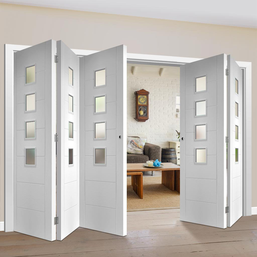 Five Folding Doors & Frame Kit - Palermo 3+2 - Obscure Glass - White Primed