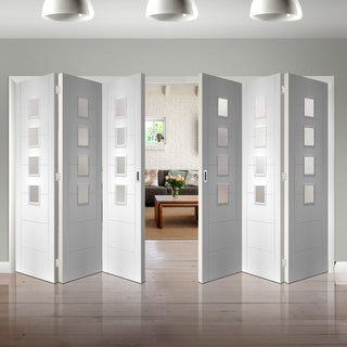 Image: Six Folding Doors & Frame Kit - Palermo 3+3 - Obscure Glass - White Primed