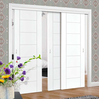 Image: Three Sliding Doors and Frame Kit - Palermo Flush Door - White Primed