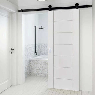 Image: Top Mounted Black Sliding Track & Door - Palermo Flush Door - White Primed