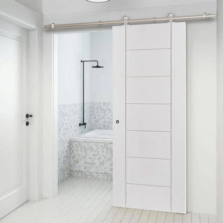 Image: Sirius Tubular Stainless Steel Sliding Track & Palermo Flush Door - White Primed