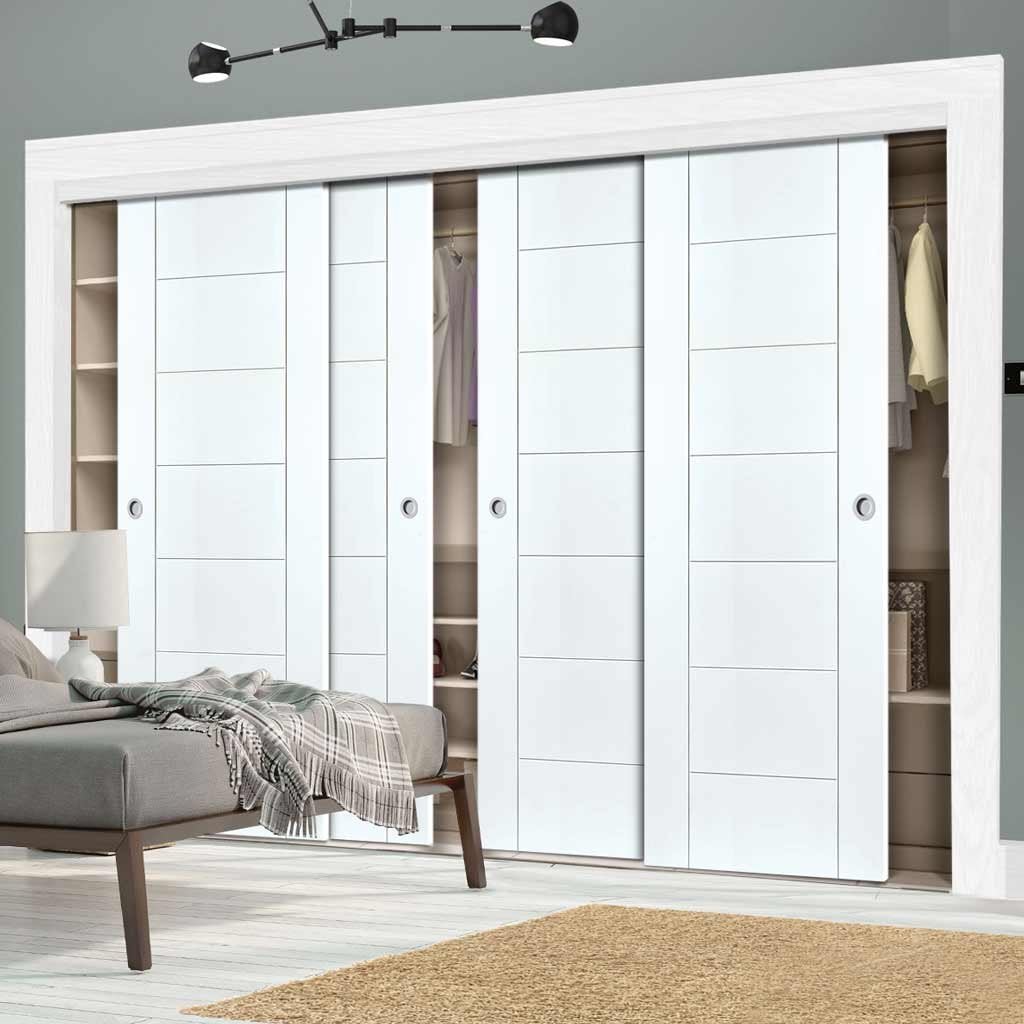 Four Sliding Wardrobe Doors & Frame Kit - Palermo Flush Door - White Primed