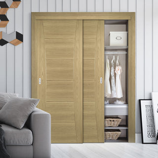 Image: Two Sliding Maximal Wardrobe Doors & Frame Kit - Pamplona Oak Flush Door - Prefinished