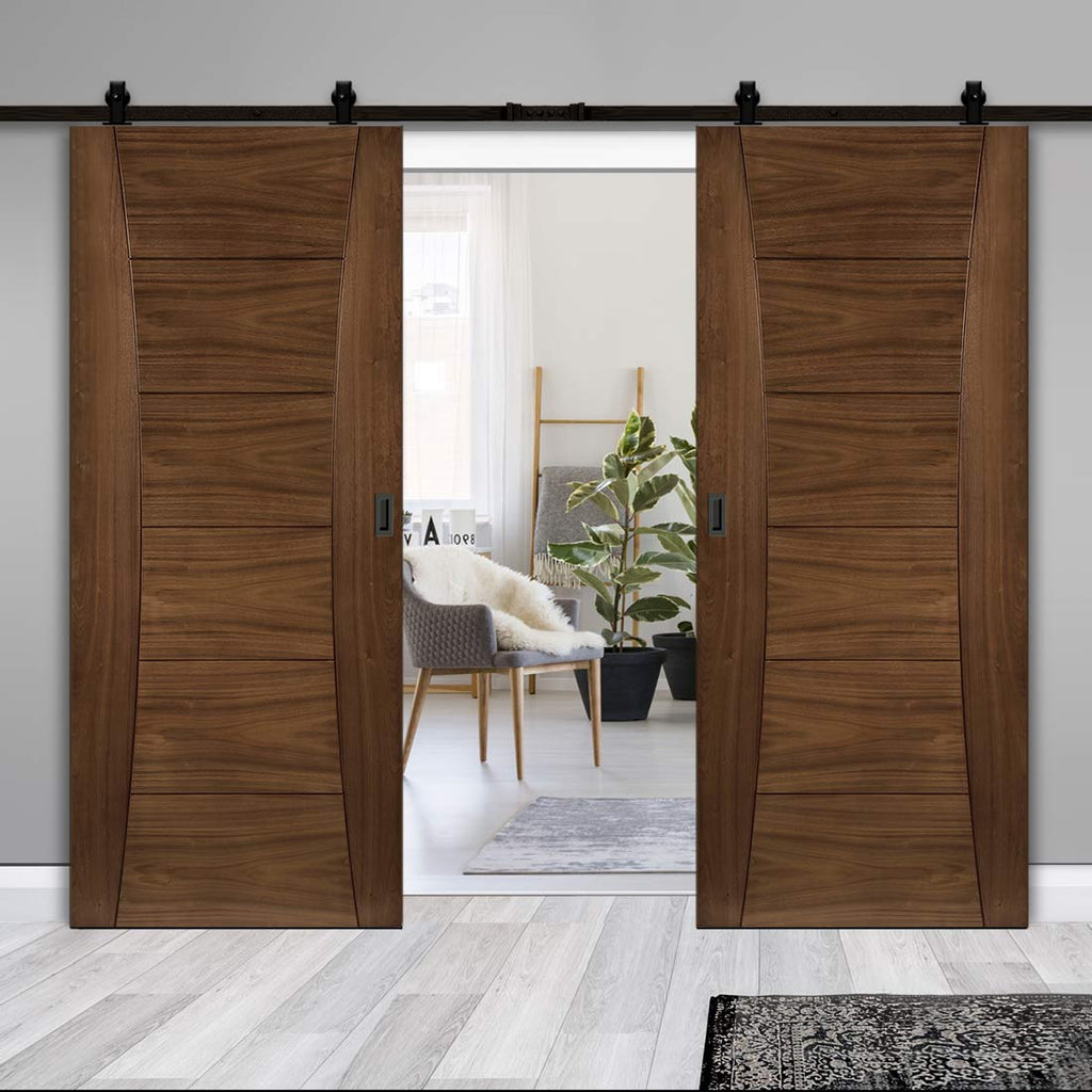 Top Mounted Black Sliding Track & Pamplona Prefinished Walnut Double Door
