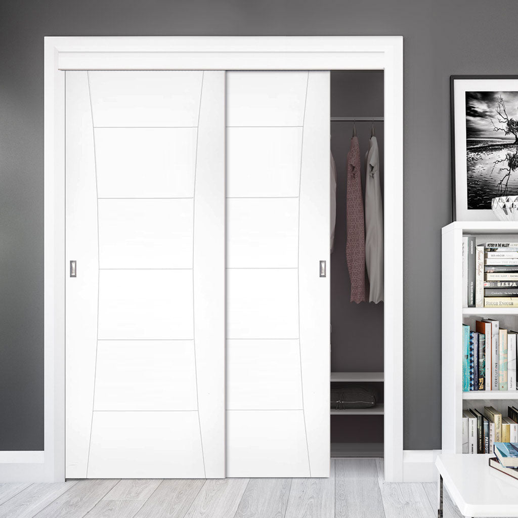 Two Sliding Maximal Wardrobe Doors & Frame Kit - Pamplona White Primed Flush Door