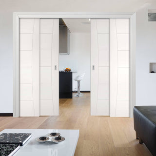 Image: Pamplona Flush Staffetta Quad Telescopic Pocket Doors - White Primed