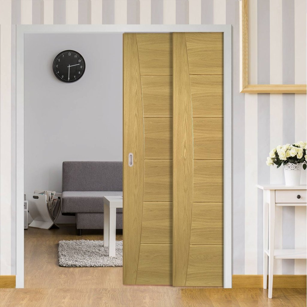 Pamplona Oak Veneer Flush Staffetta Twin Telescopic Pocket Doors - Prefinished