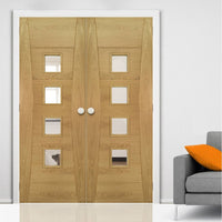 Pamplona Oak Flush Door Pair - Clear Glass - Prefinished