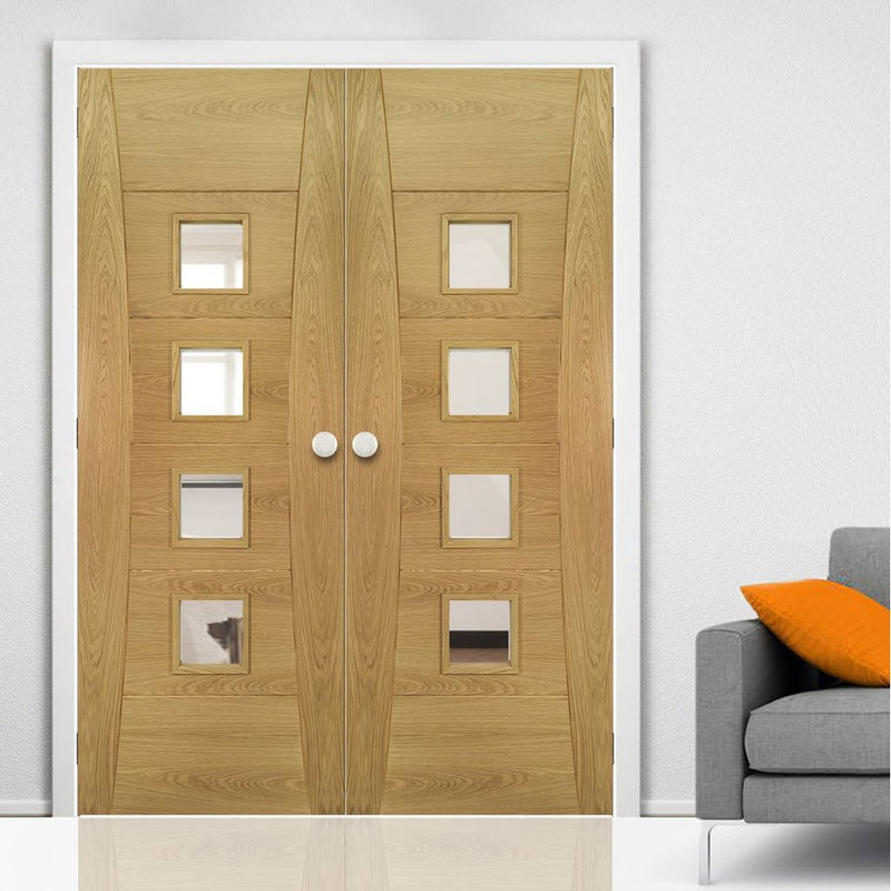 Pamplona Oak Flush Door Pair - Clear Glass - Prefinished