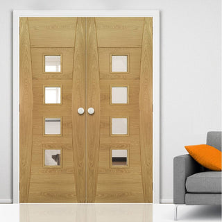 Image: Pamplona Oak Flush Door Pair - Clear Glass - Prefinished