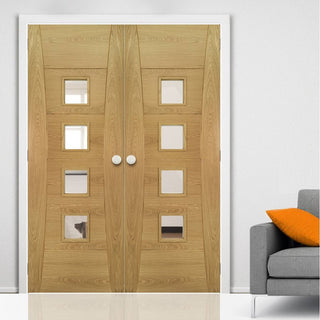 Image: Bespoke Pamplona Oak Flush Internal Door Pair - Clear Glass - Prefinished