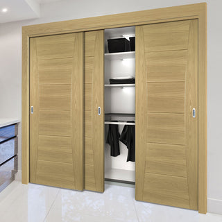 Image: Three Sliding Maximal Wardrobe Doors & Frame Kit - Pamplona Oak Flush Door - Prefinished