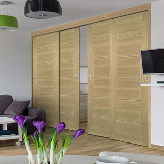 Image: Pass-Easi Four Sliding Doors and Frame Kit - Pamplona Oak Flush Door - Prefinished