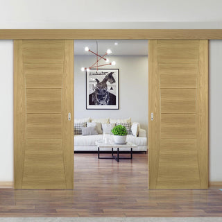 Image: Double Sliding Door & Wall Track - Pamplona Oak Flush Door - Prefinished