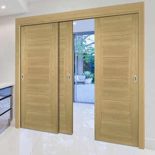 Image: Pass-Easi Three Sliding Doors and Frame Kit - Pamplona Oak Flush Door - Prefinished