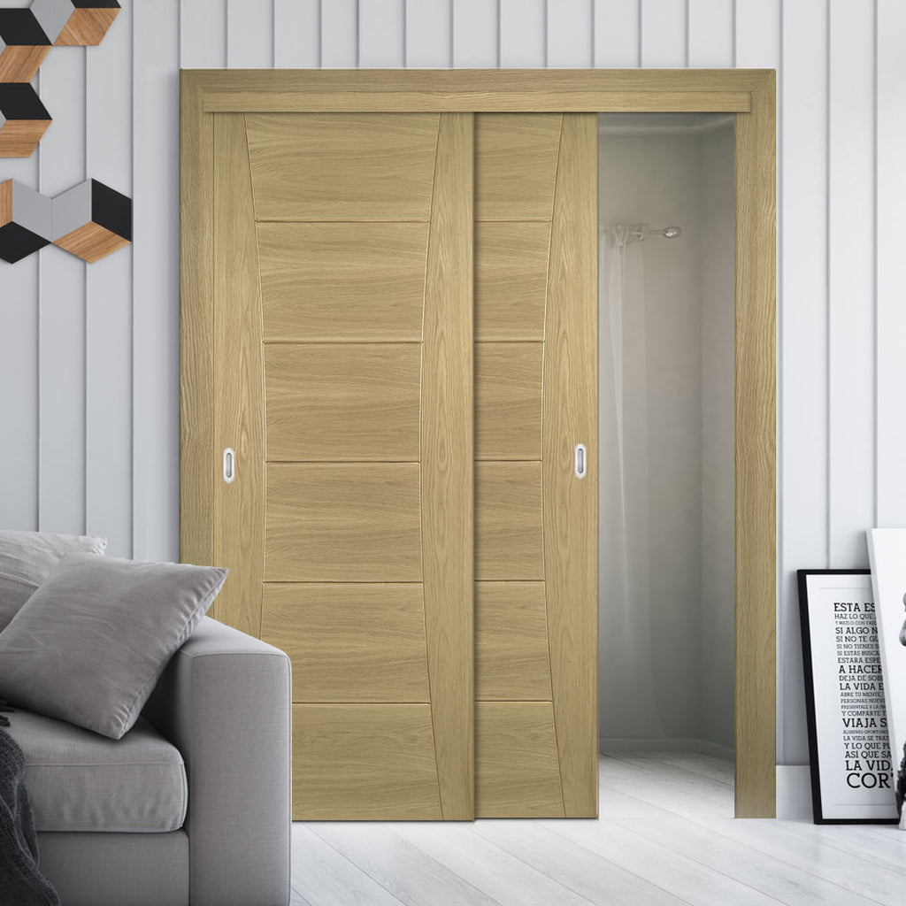 Pass-Easi Two Sliding Doors and Frame Kit - Pamplona Oak Flush Door - Prefinished