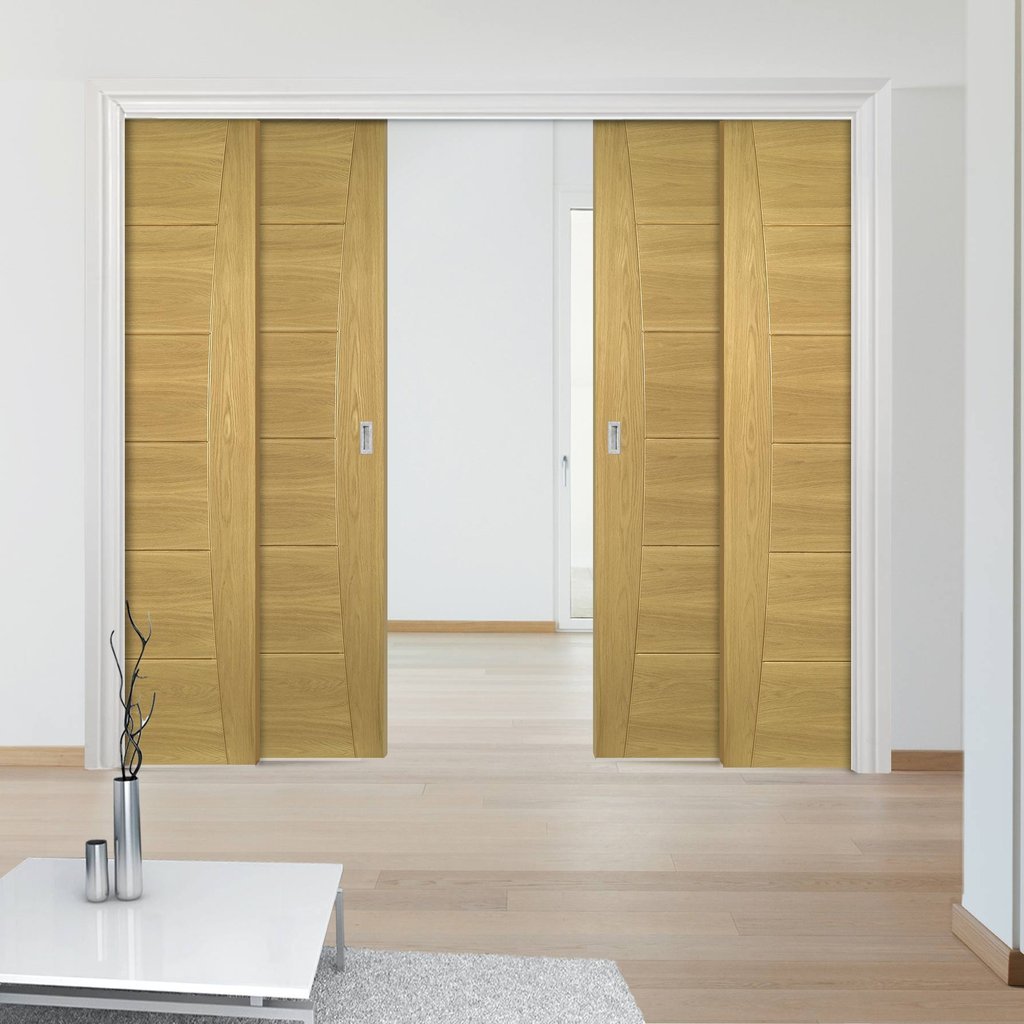 Pamplona Oak Flush Staffetta Quad Telescopic Pocket Doors - Prefinished