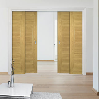 Image: Pamplona Oak Flush Staffetta Quad Telescopic Pocket Doors - Prefinished