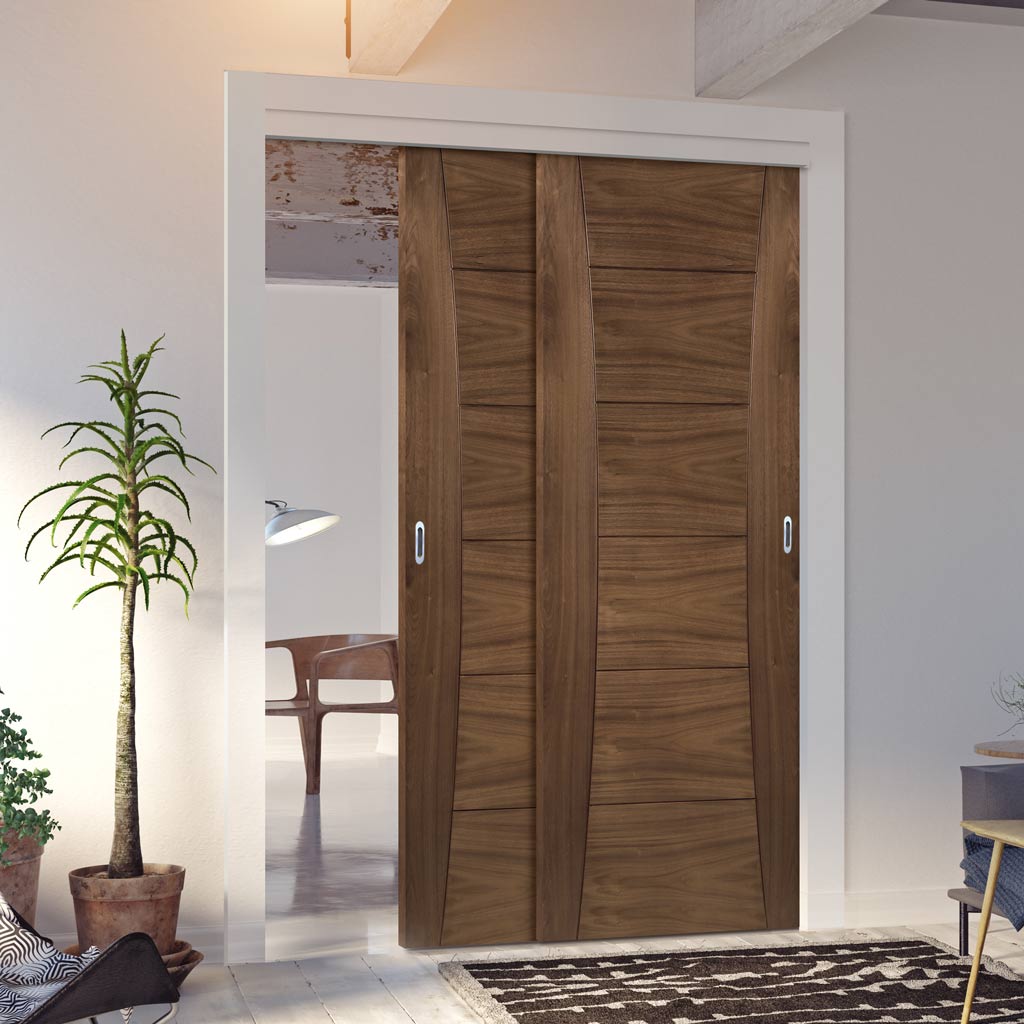 Pass-Easi Two Sliding Doors and Frame Kit - Pamplona Prefinished Walnut Door