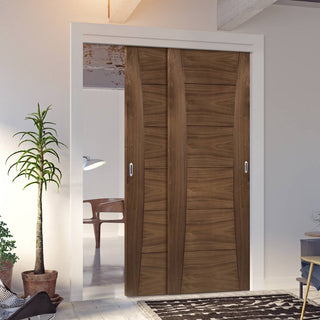 Image: Pass-Easi Two Sliding Doors and Frame Kit - Pamplona Prefinished Walnut Door