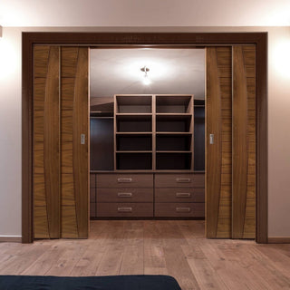 Image: Pamplona Walnut Veneer Staffetta Quad Telescopic Pocket Doors - Prefinished