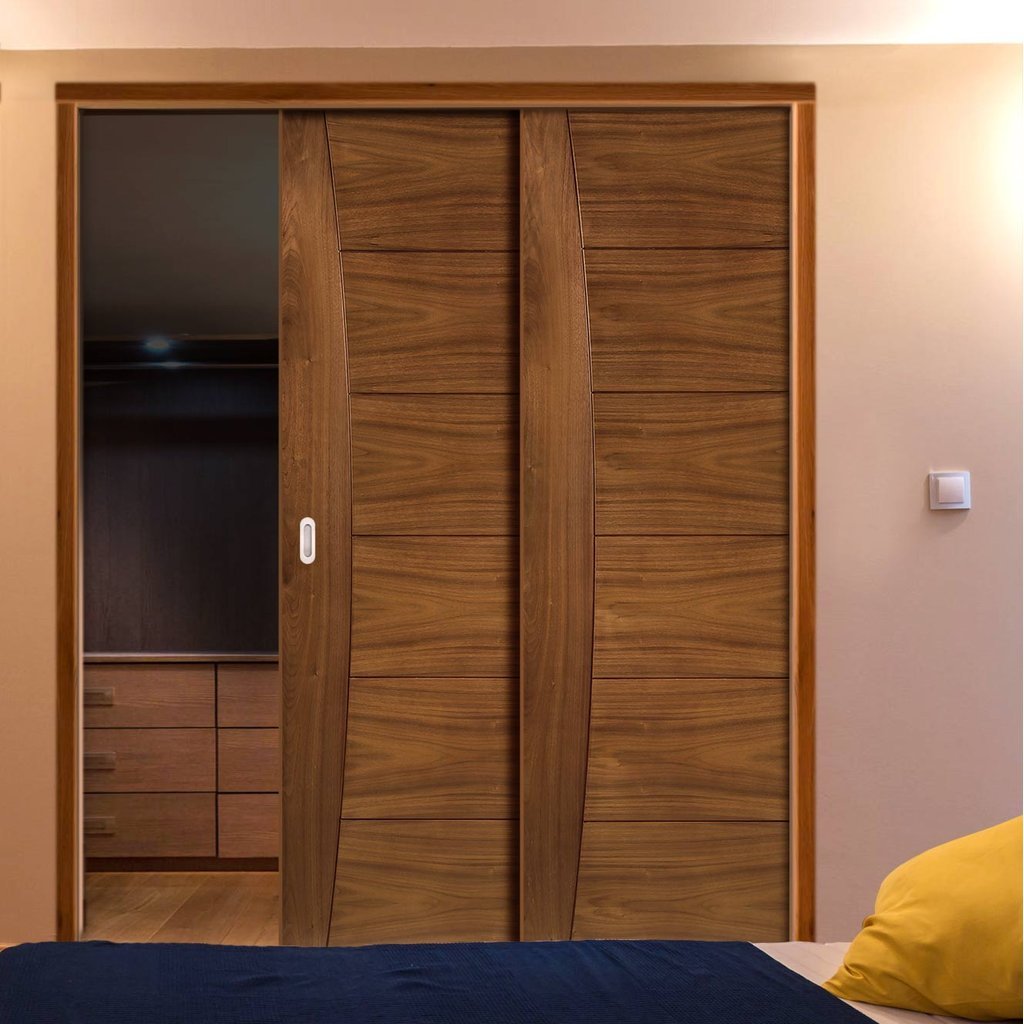 Pamplona Walnut Veneer Staffetta Twin Telescopic Pocket Doors - Prefinished