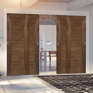 Image: Pass-Easi Four Sliding Doors and Frame Kit - Pamplona Prefinished Walnut Door