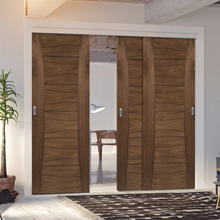 Image: Pass-Easi Three Sliding Doors and Frame Kit - Pamplona Prefinished Walnut Door