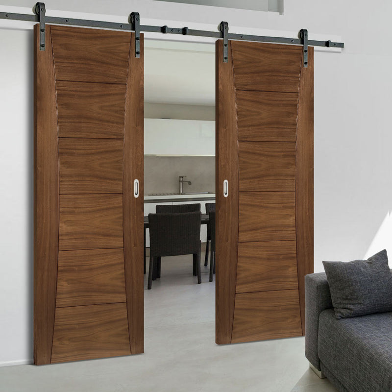 Double Sliding Door & Black Barn Track - Pamplona Walnut Prefinished Door