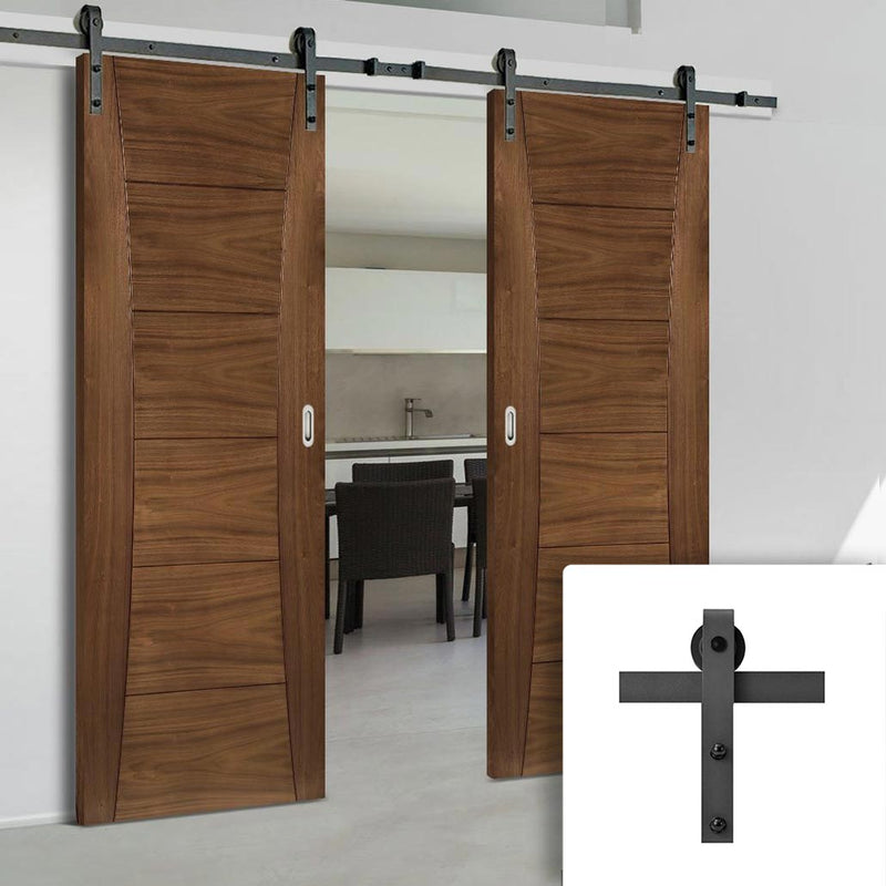 Double Sliding Door & Black Barn Track - Pamplona Walnut Prefinished Door